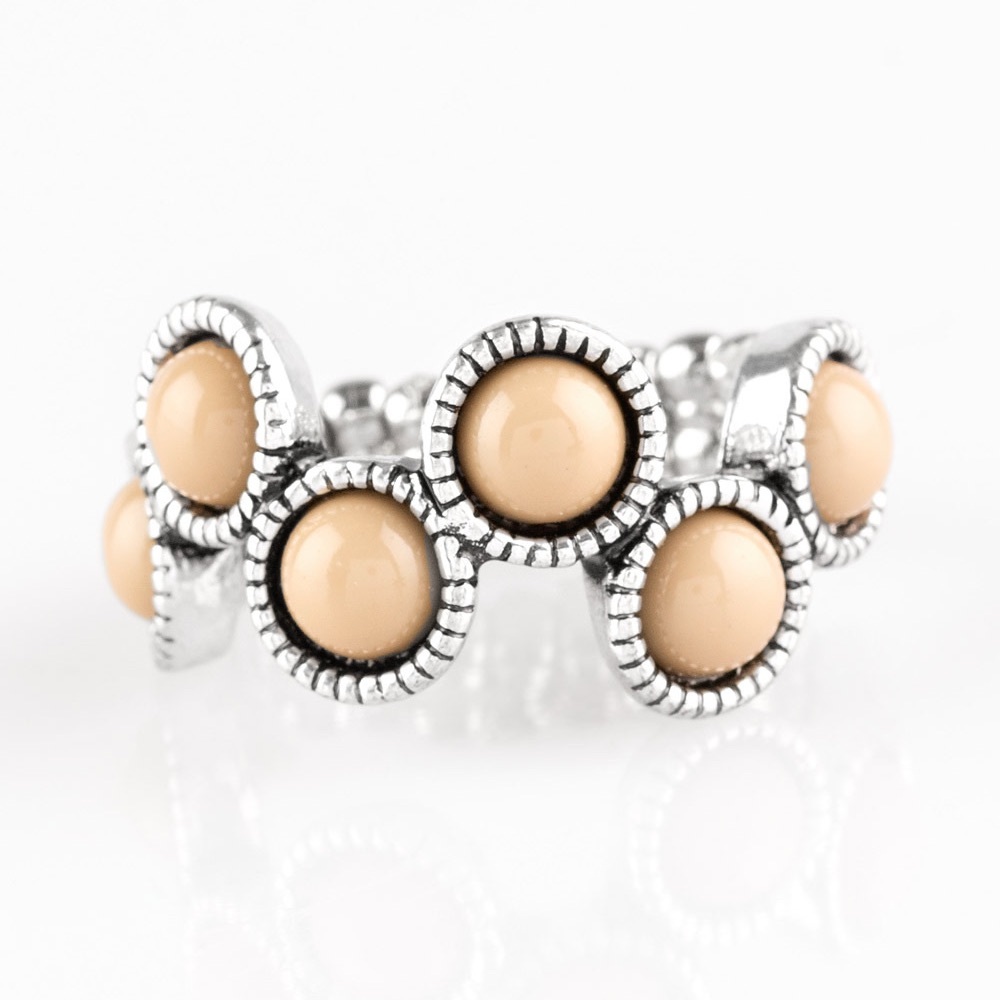 Silver and Cream Beaded Women's Ring